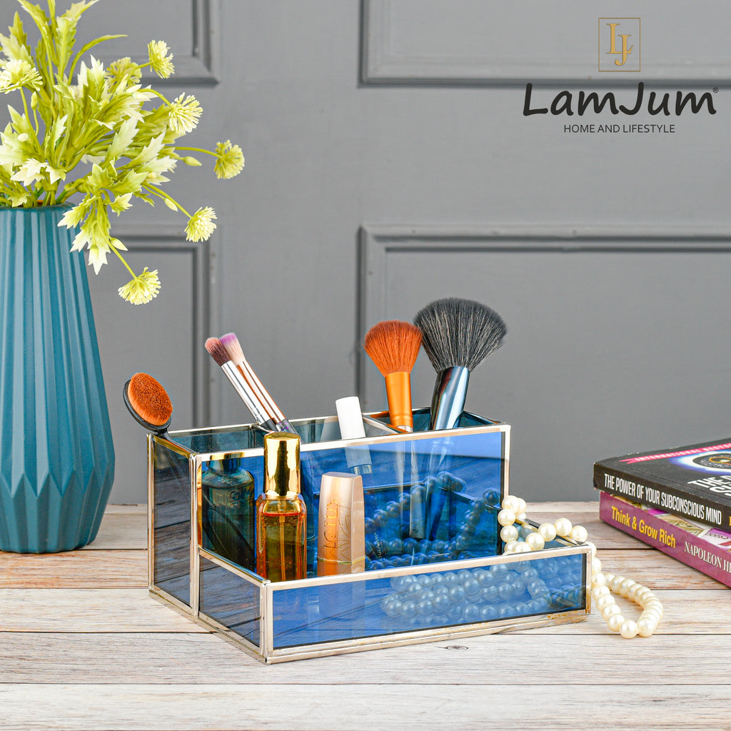 LamJum Multi Compartment Blue Glass Organiser with Silver Rim.
