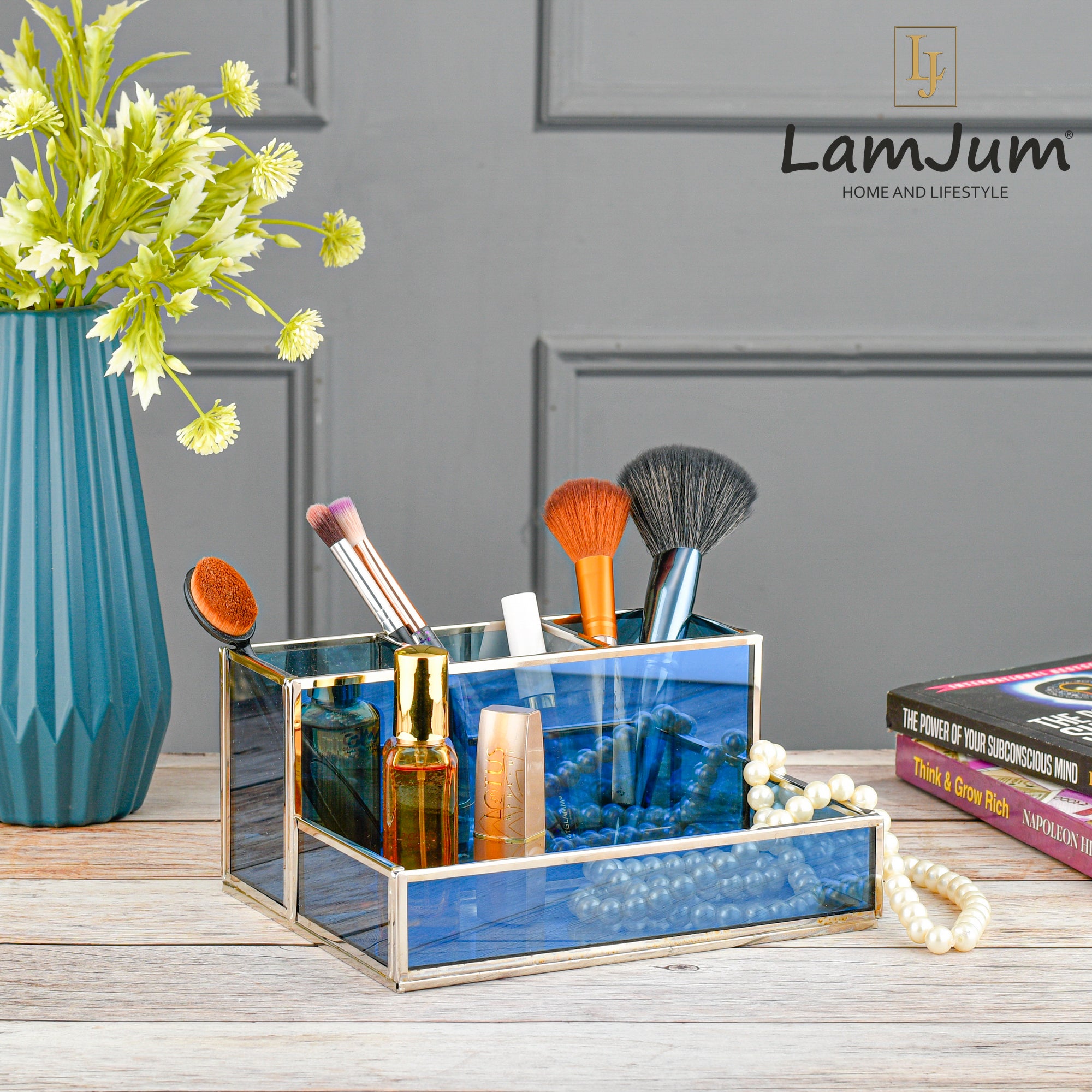 LamJum Multi Compartment Blue Glass Organiser with Silver Rim.