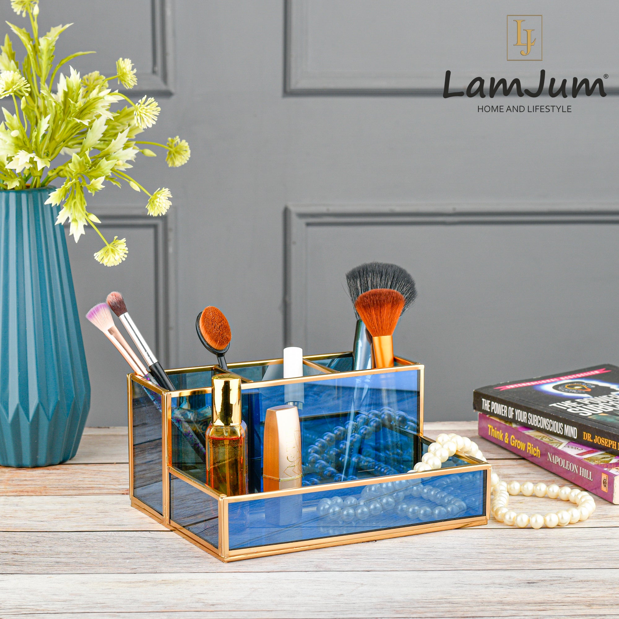 LamJum Multi Compartment Blue Glass Organiser with Gold Rim.