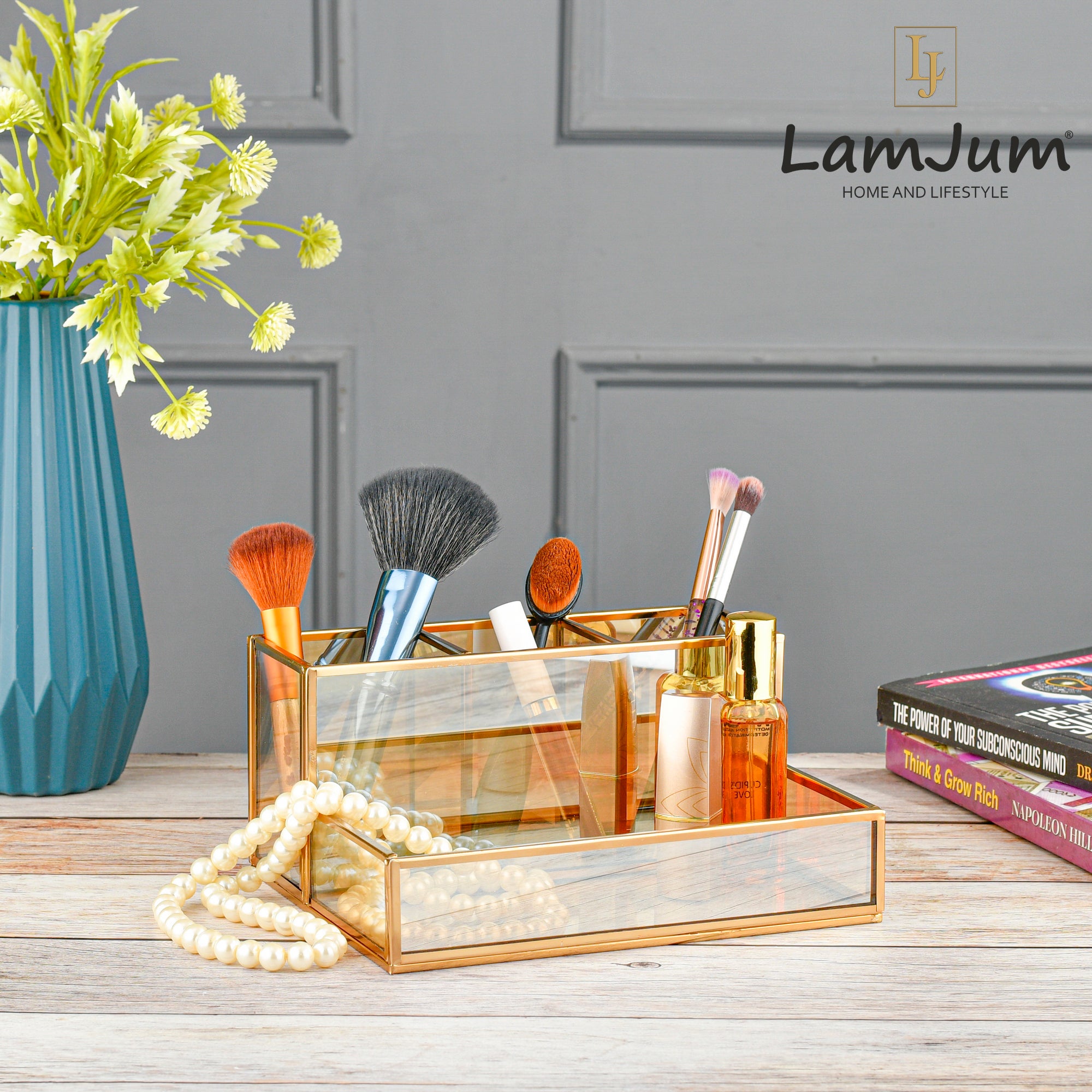 LamJum Multi Compartment Gold Glass Organiser with Gold Rim.