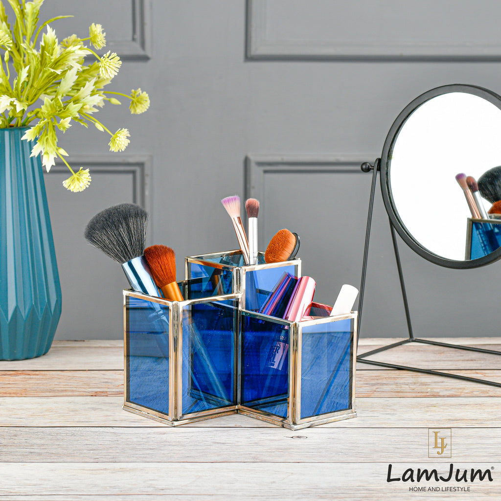 LamJum Geometric Stepped Multi-Purpose Blue Glass Three Compartments Organiser with Silver Rim.