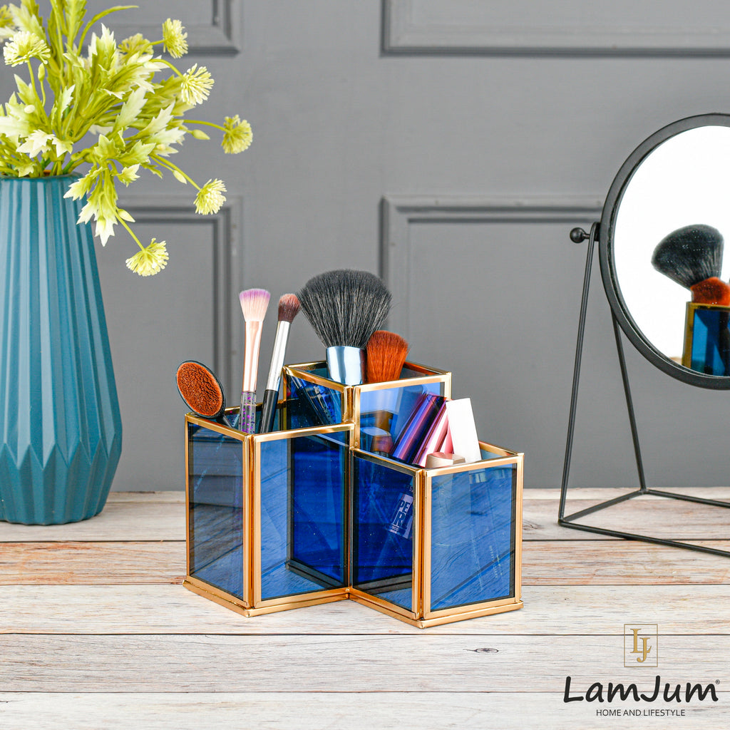 LamJum Geometric Stepped Multi-Purpose Blue Glass Three Compartments Organiser with Gold Rim.