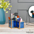 LamJum Geometric Stepped Multi-Purpose Blue Glass Three Compartments Organiser with Gold Rim.