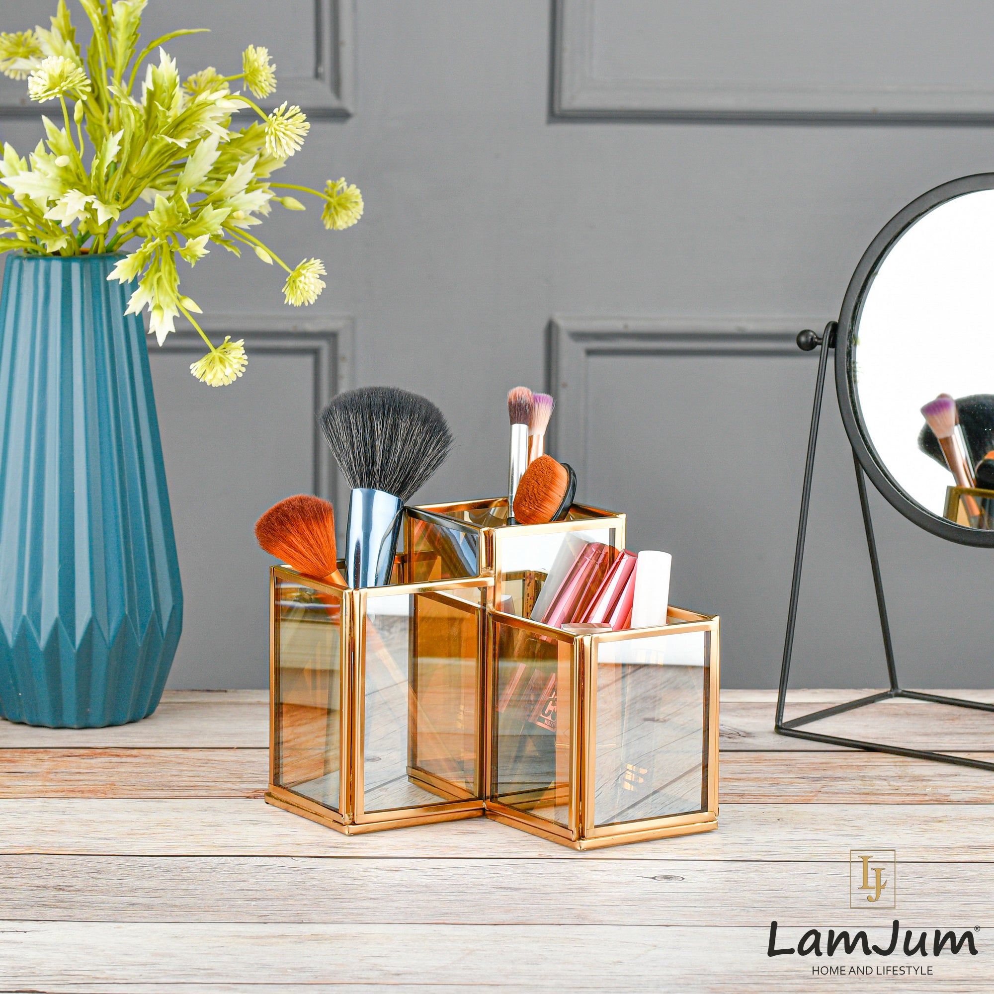 LamJum Geometric Stepped Multi-Purpose Gold Glass Three Compartments Organiser with Gold Rim.