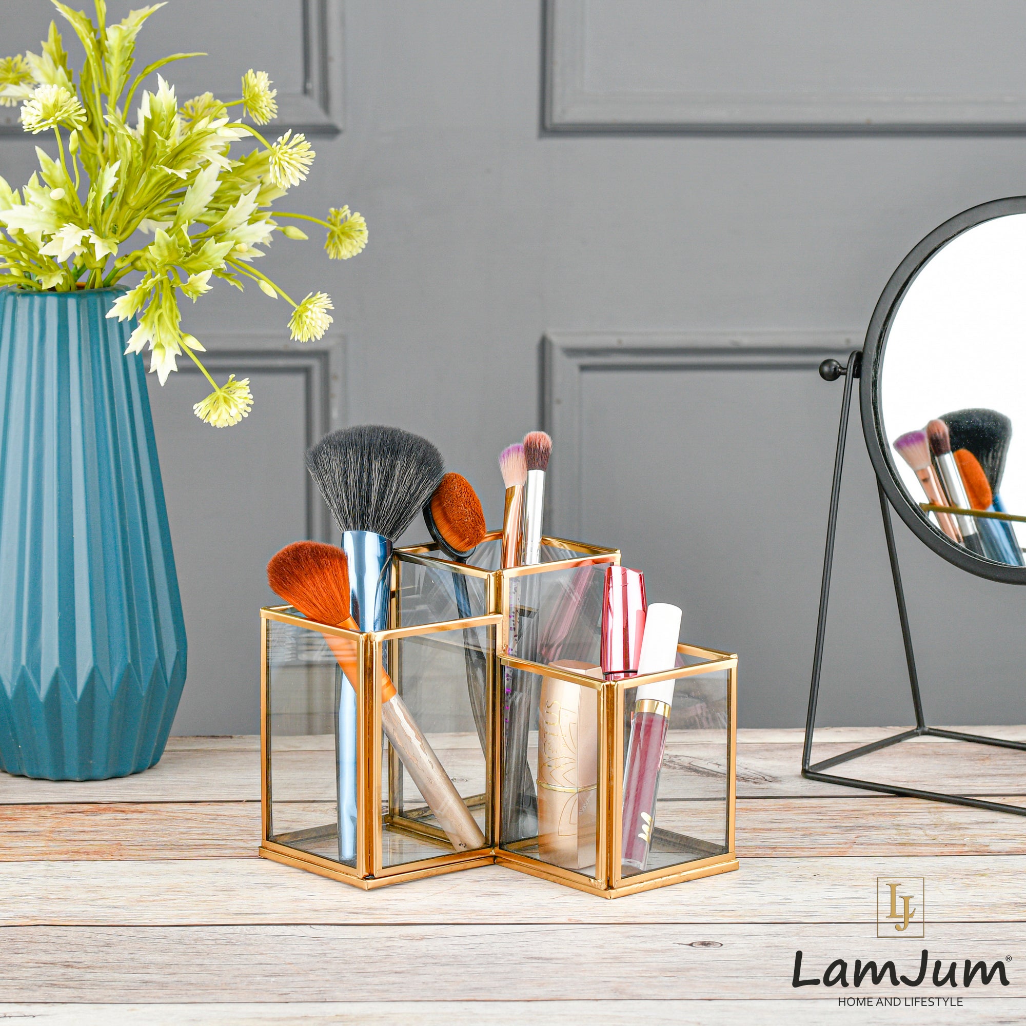 LamJum Square Multi-Purpose Clear Glass Three Stepped Compartments Organiser with Gold Rim.