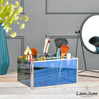 LamJum Multi Compartment Blue Glass Organiser and Tissue Holder with Silver Rim.