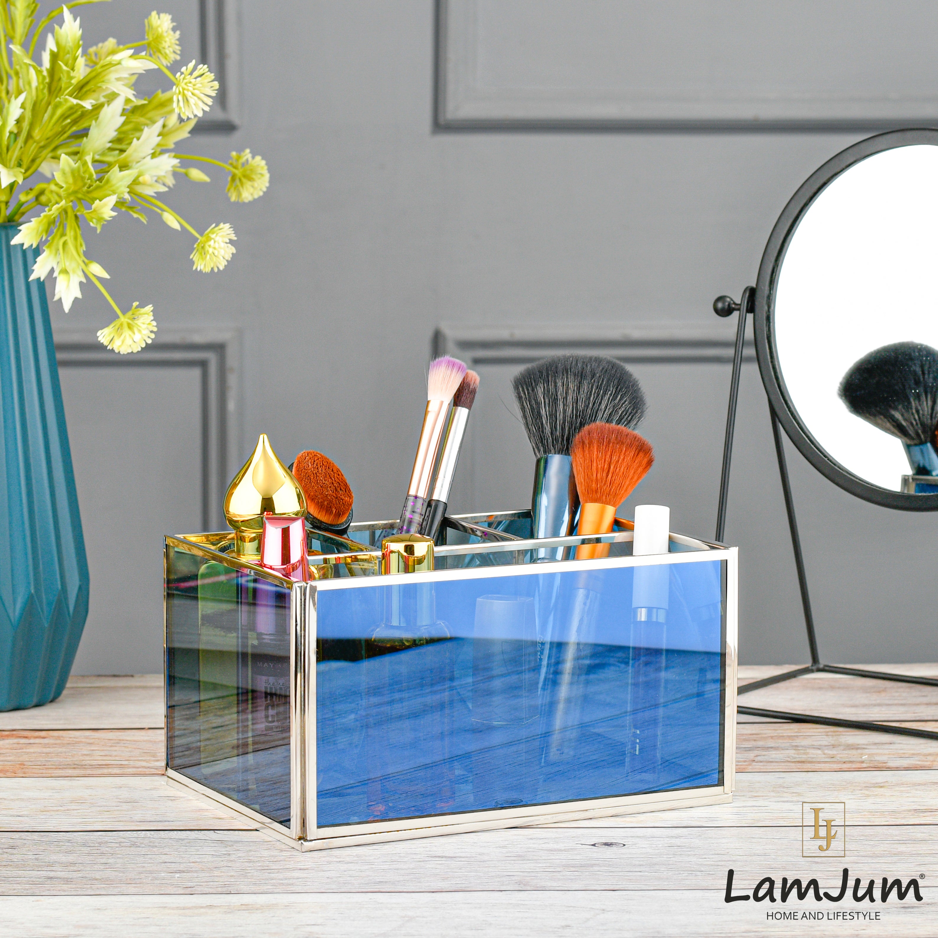 LamJum Multi Compartment Blue Glass Organiser and Tissue Holder with Silver Rim.