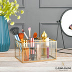 LamJum Multi Compartment Clear Glass Organiser and Tissue Holder with Gold Rim.