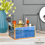 LamJum Multi Compartment Blue Glass Organiser and Tissue Holder with Gold Rim.