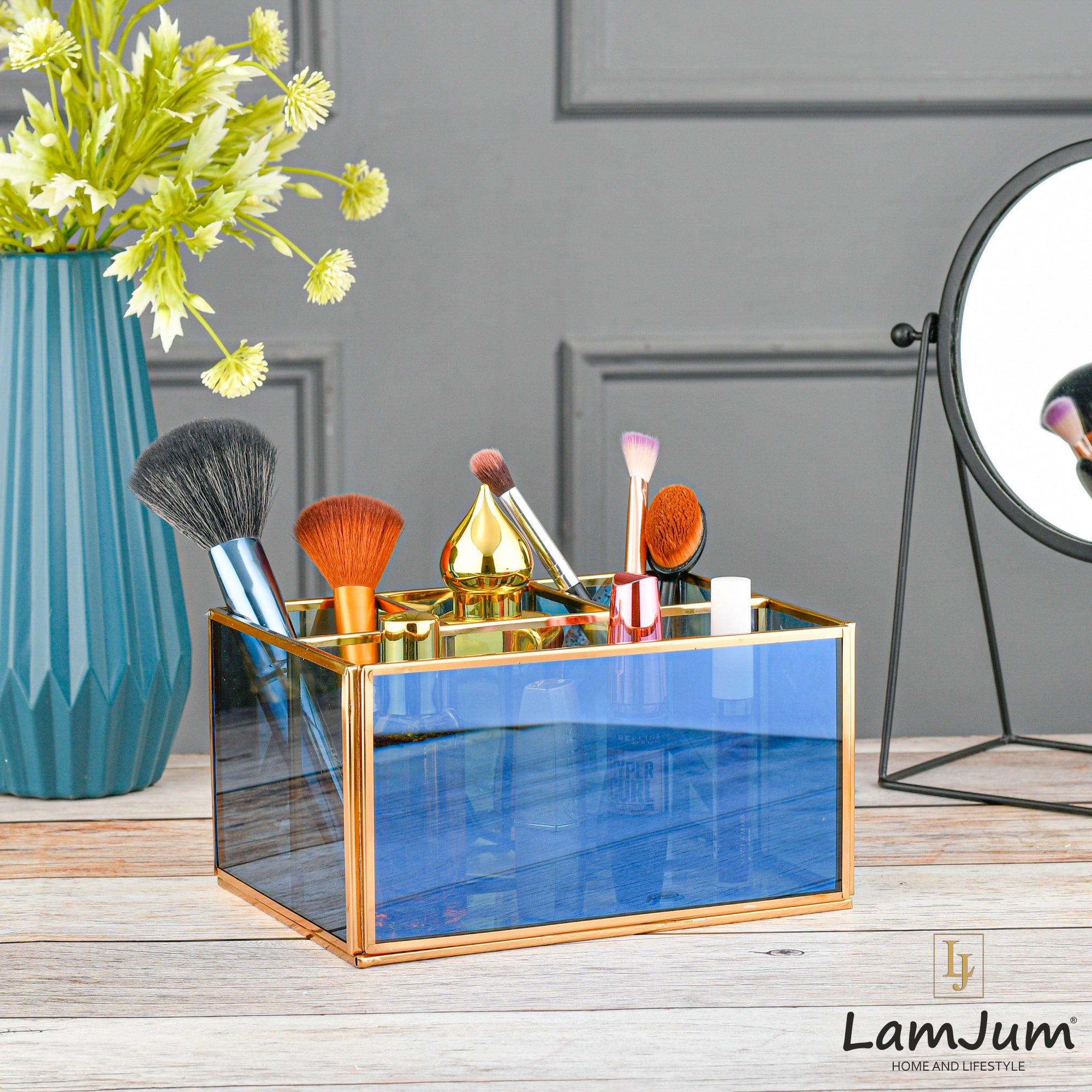 LamJum Multi Compartment Blue Glass Organiser and Tissue Holder with Gold Rim.