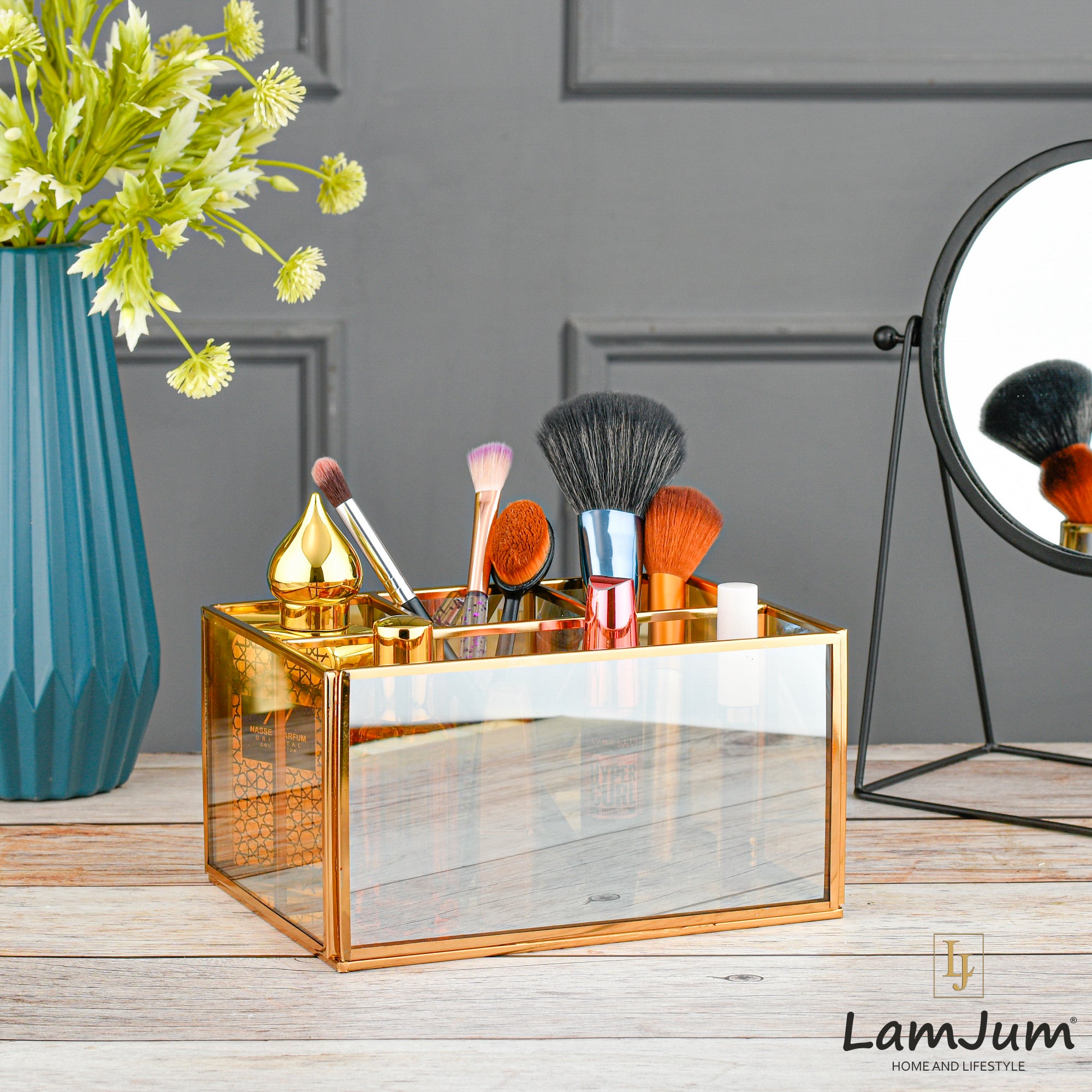 LamJum Multi Compartment Gold Glass Organiser and Tissue Holder with Gold Rim.