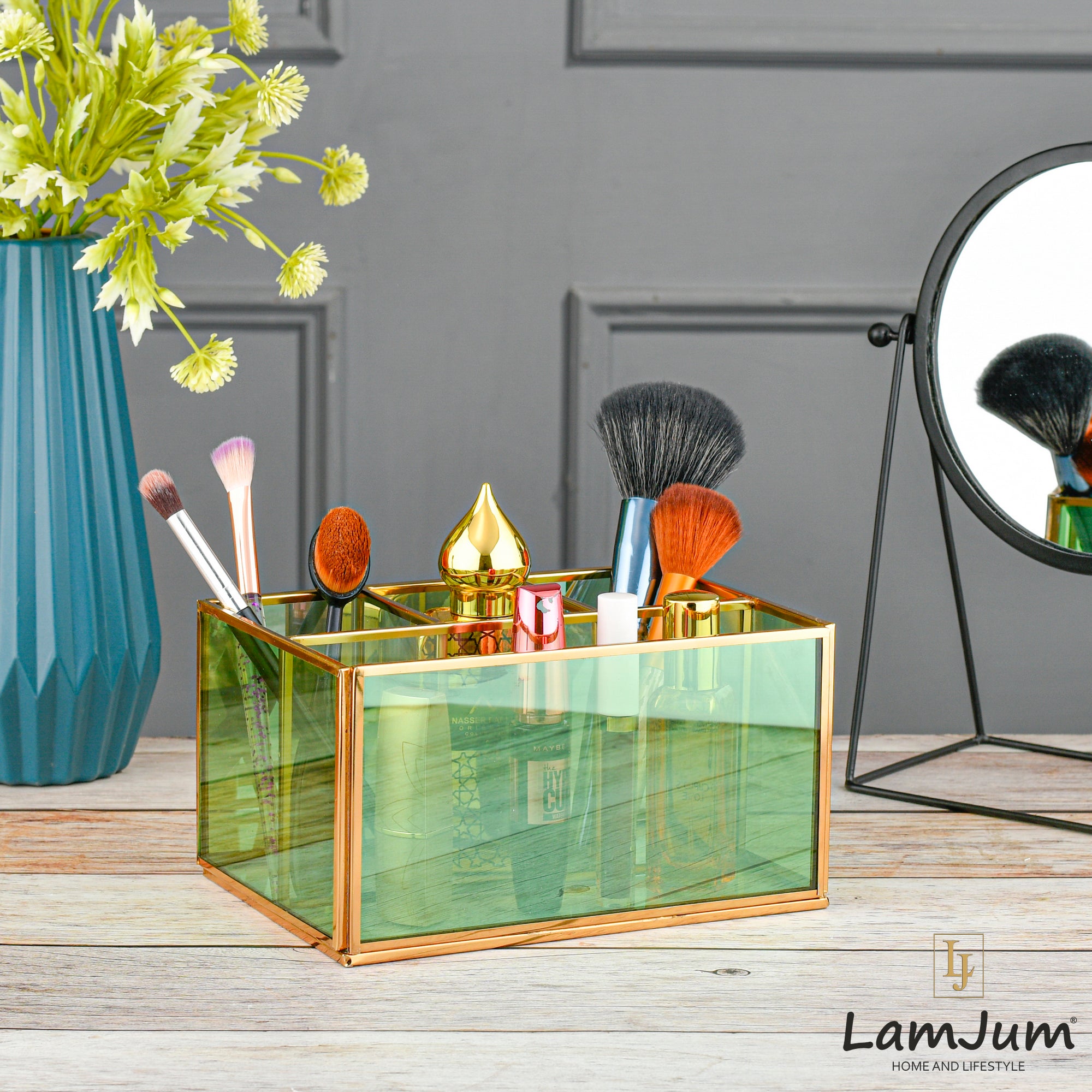 LamJum Multi Compartment Green Glass Organiser and Tissue Holder with Gold Rim.