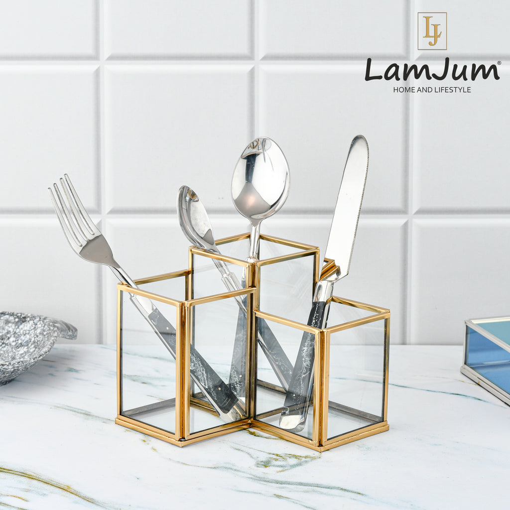 LamJum Square Multi-Purpose Clear Glass Three Stepped Compartments Organiser with Gold Rim.