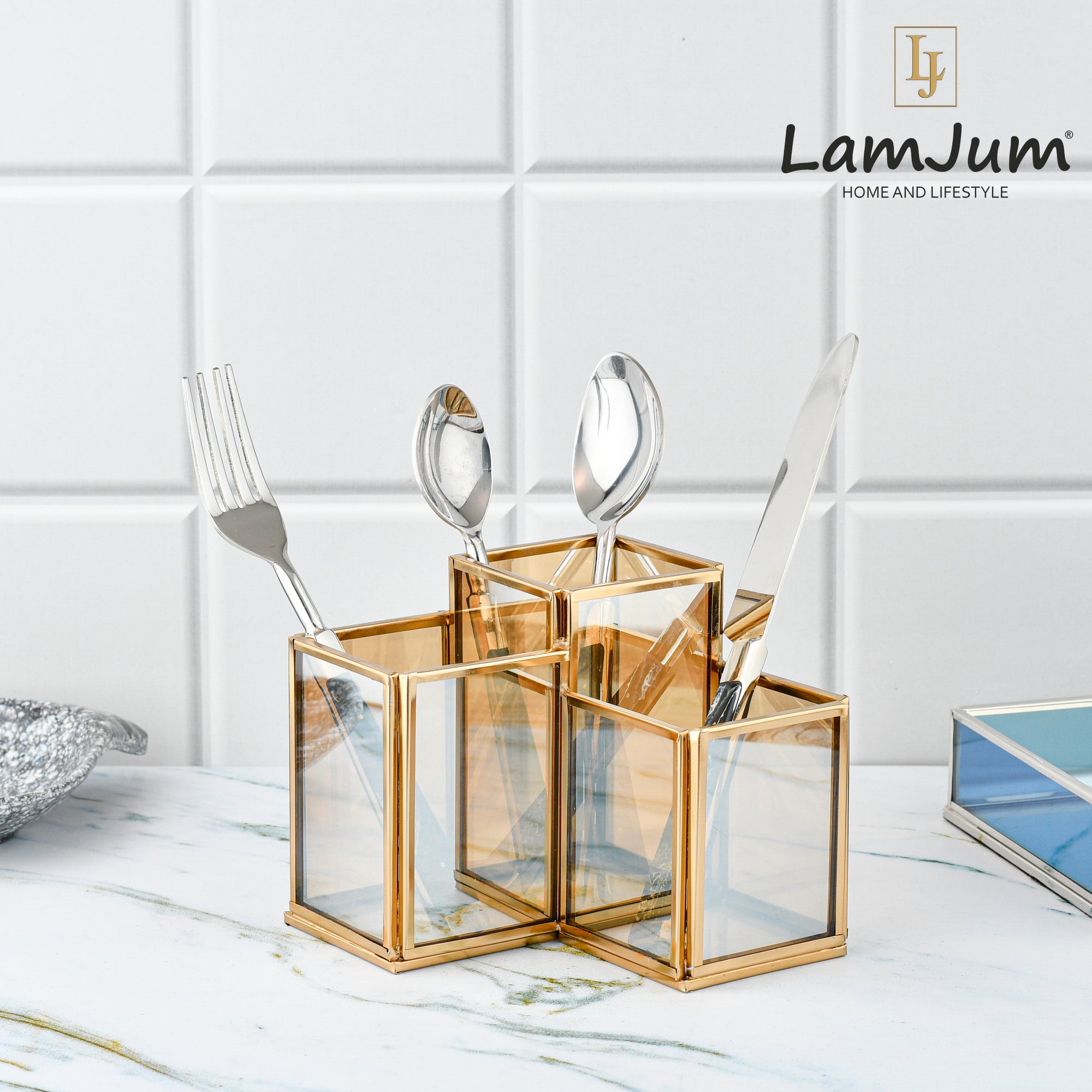 LamJum Geometric Stepped Multi-Purpose Gold Glass Three Compartments Organiser with Gold Rim.