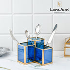 LamJum Geometric Stepped Multi-Purpose Blue Glass Three Compartments Organiser with Gold Rim.