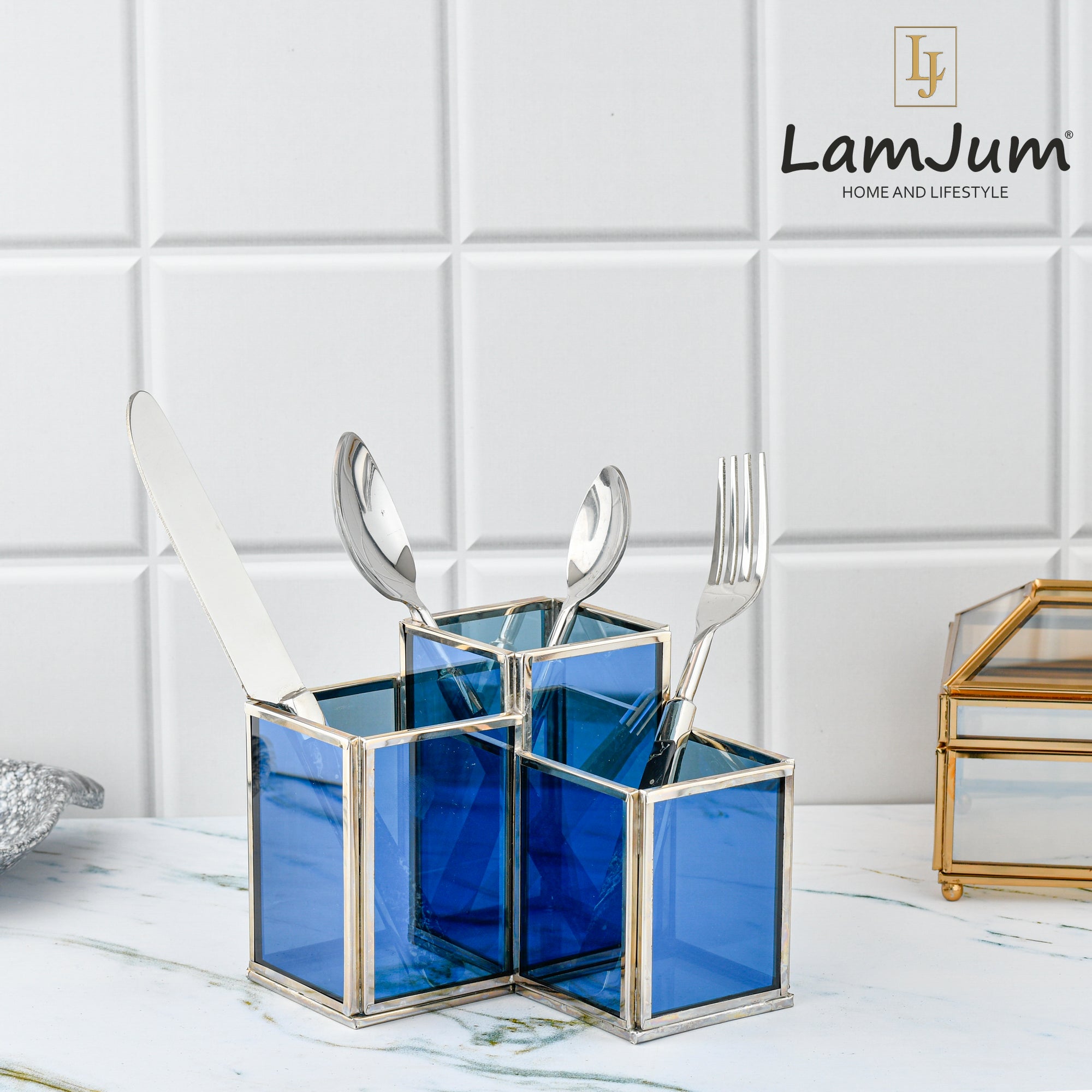 LamJum Geometric Stepped Multi-Purpose Blue Glass Three Compartments Organiser with Silver Rim.