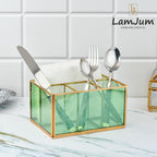 LamJum Multi Compartment Green Glass Organiser and Tissue Holder with Gold Rim.