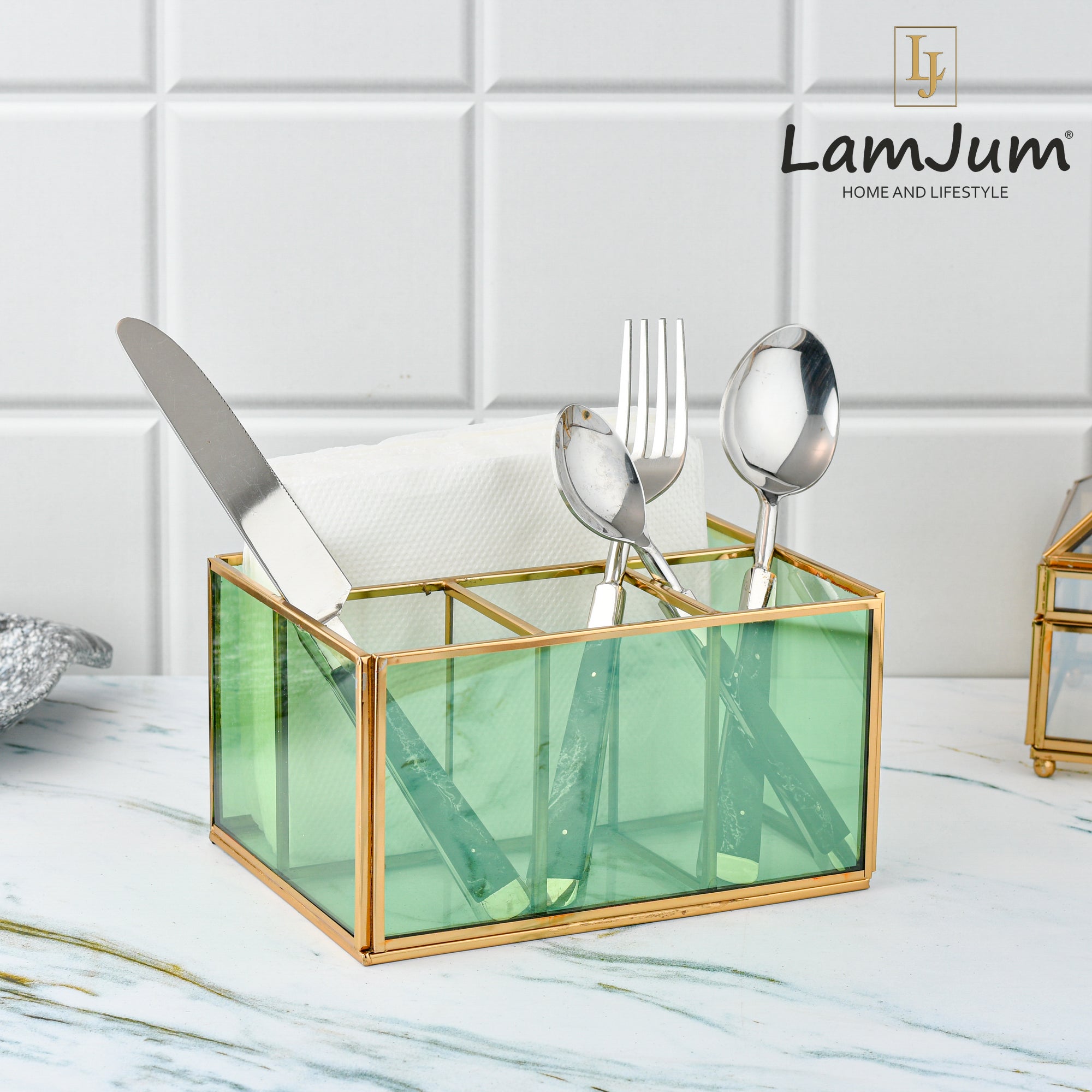 LamJum Multi Compartment Green Glass Organiser and Tissue Holder with Gold Rim.