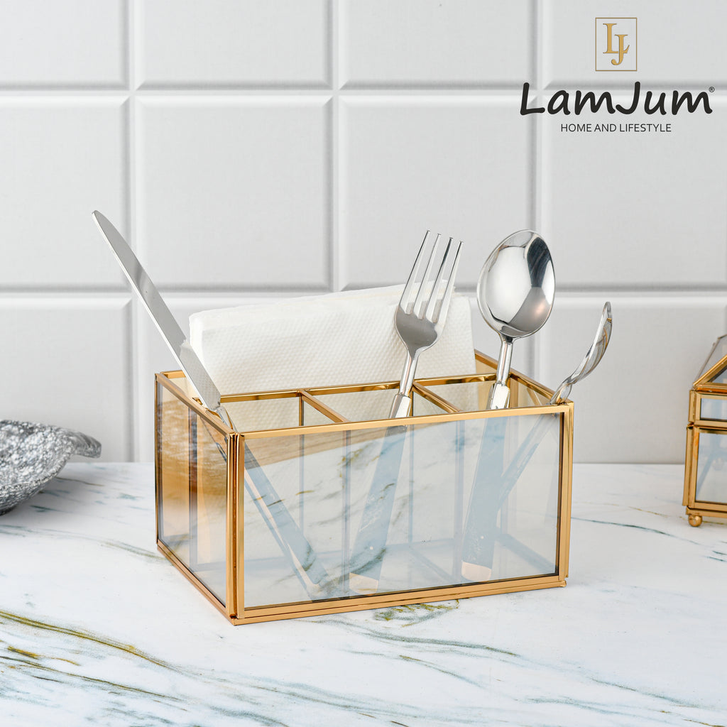 LamJum Multi Compartment Gold Glass Organiser and Tissue Holder with Gold Rim.