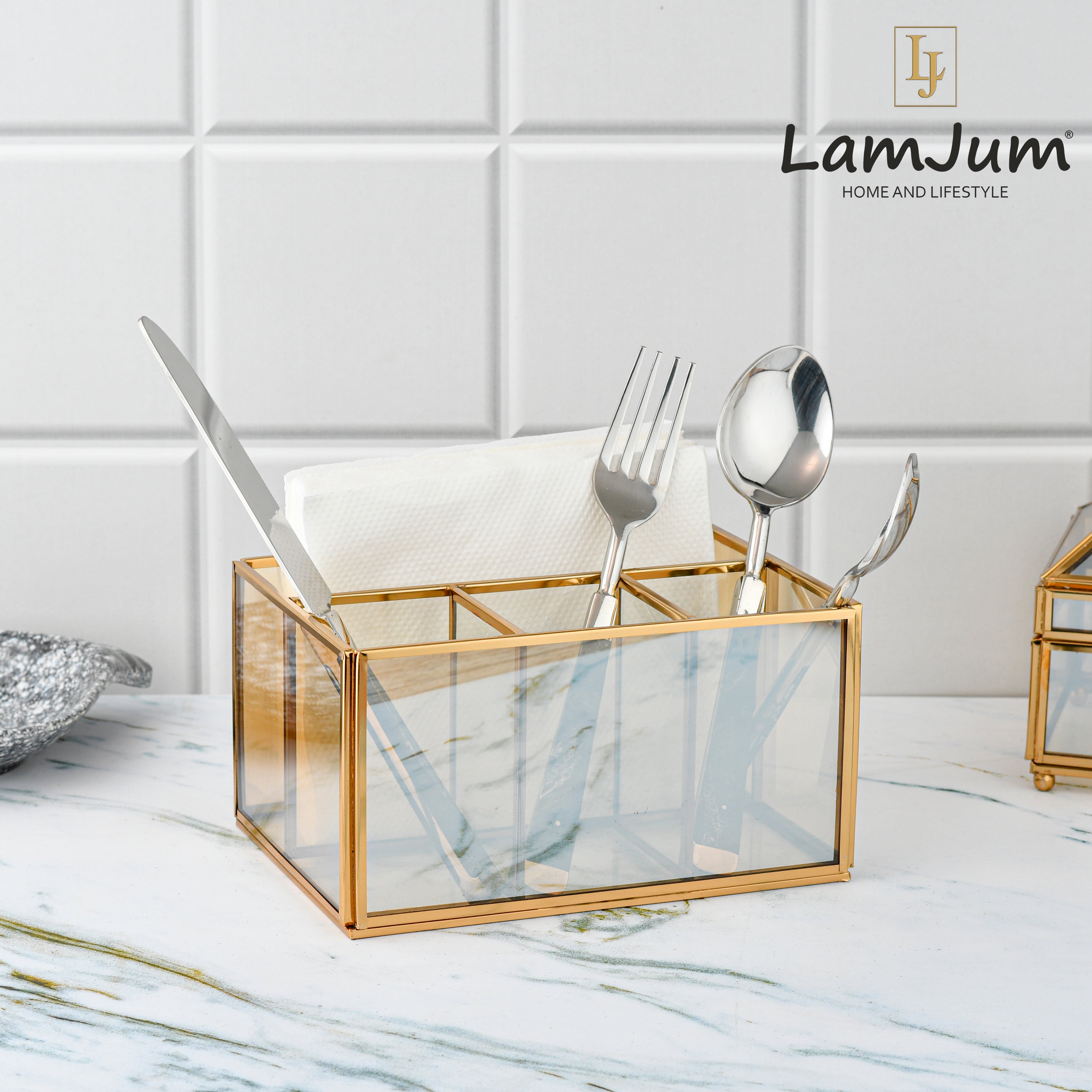 LamJum Multi Compartment Gold Glass Organiser and Tissue Holder with Gold Rim.