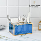 LamJum Multi Compartment Blue Glass Organiser and Tissue Holder with Gold Rim.
