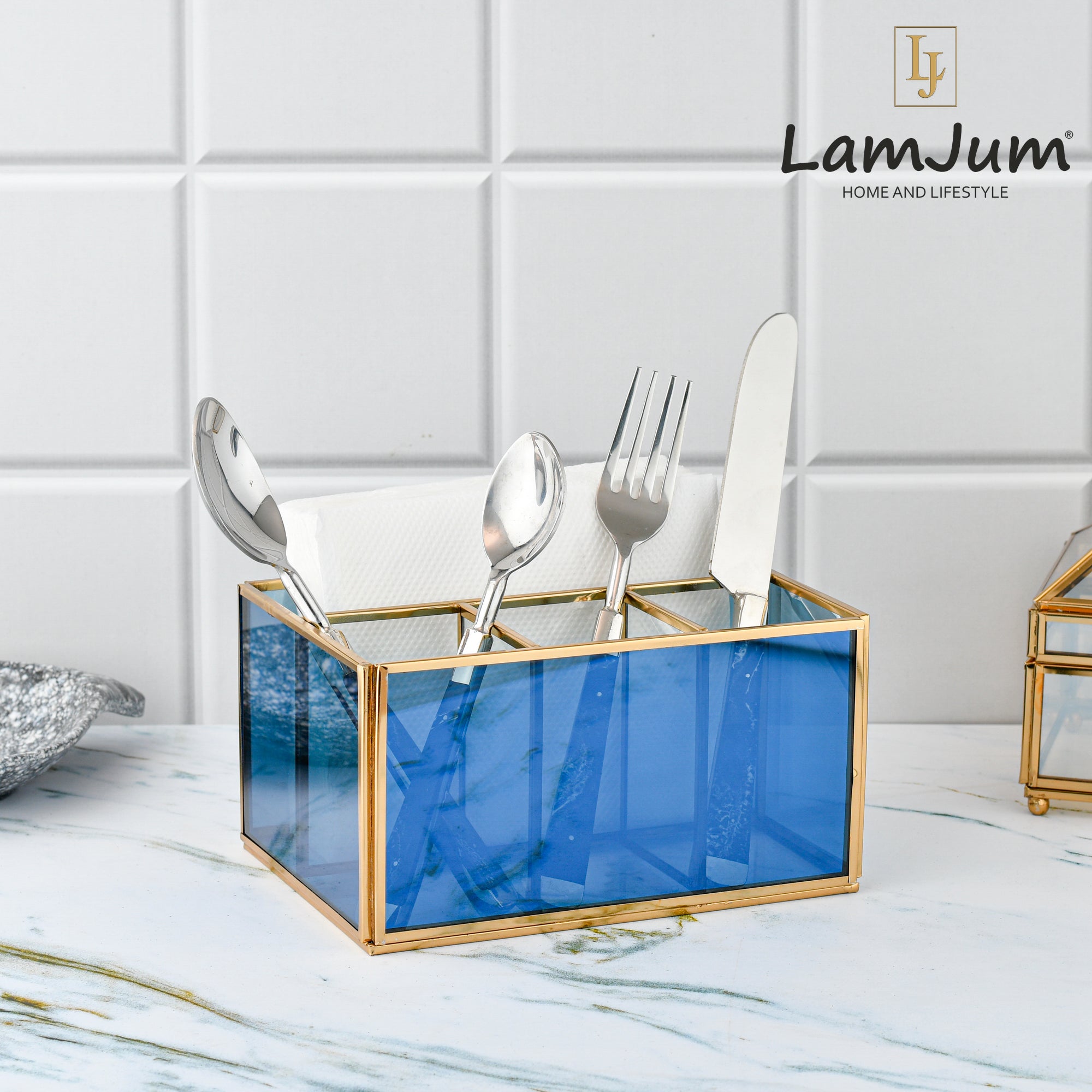 LamJum Multi Compartment Blue Glass Organiser and Tissue Holder with Gold Rim.