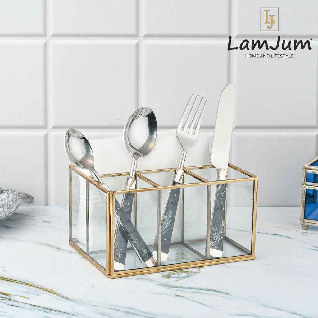 LamJum Multi Compartment Clear Glass Organiser and Tissue Holder with Gold Rim.