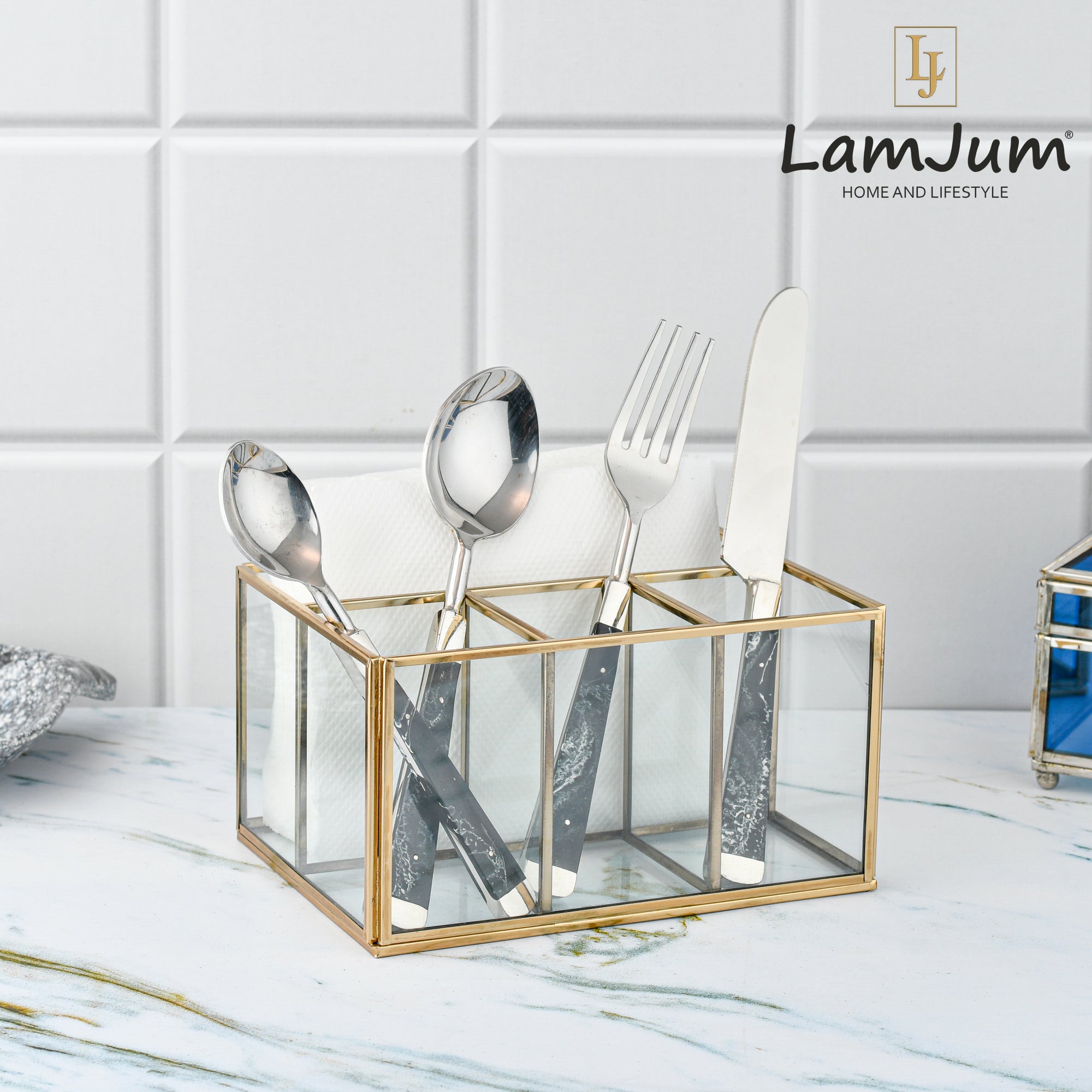 LamJum Multi Compartment Clear Glass Organiser and Tissue Holder with Gold Rim.