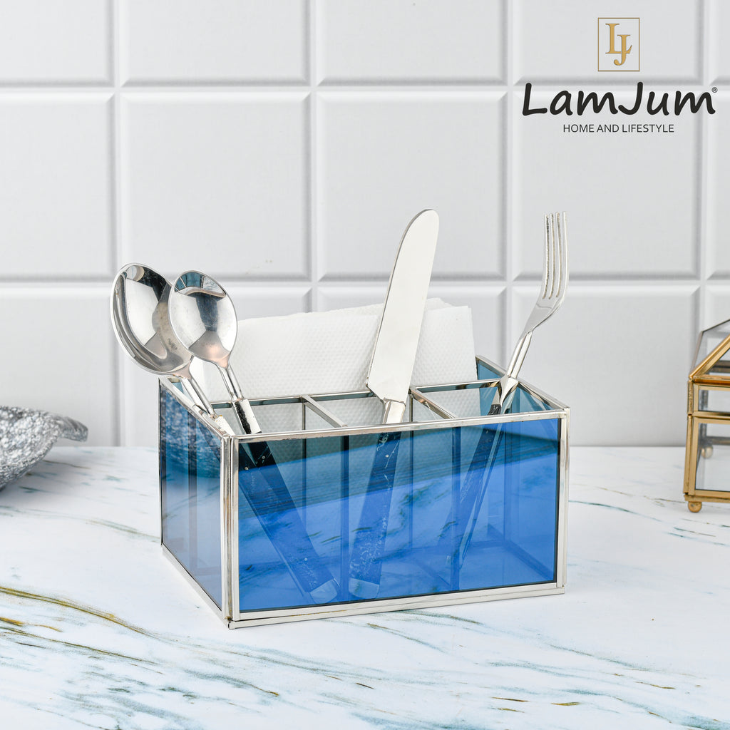 LamJum Multi Compartment Blue Glass Organiser and Tissue Holder with Silver Rim.