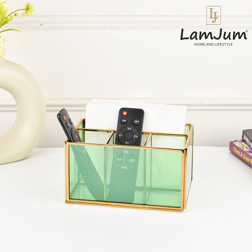 LamJum Multi Compartment Green Glass Organiser and Tissue Holder with Gold Rim.