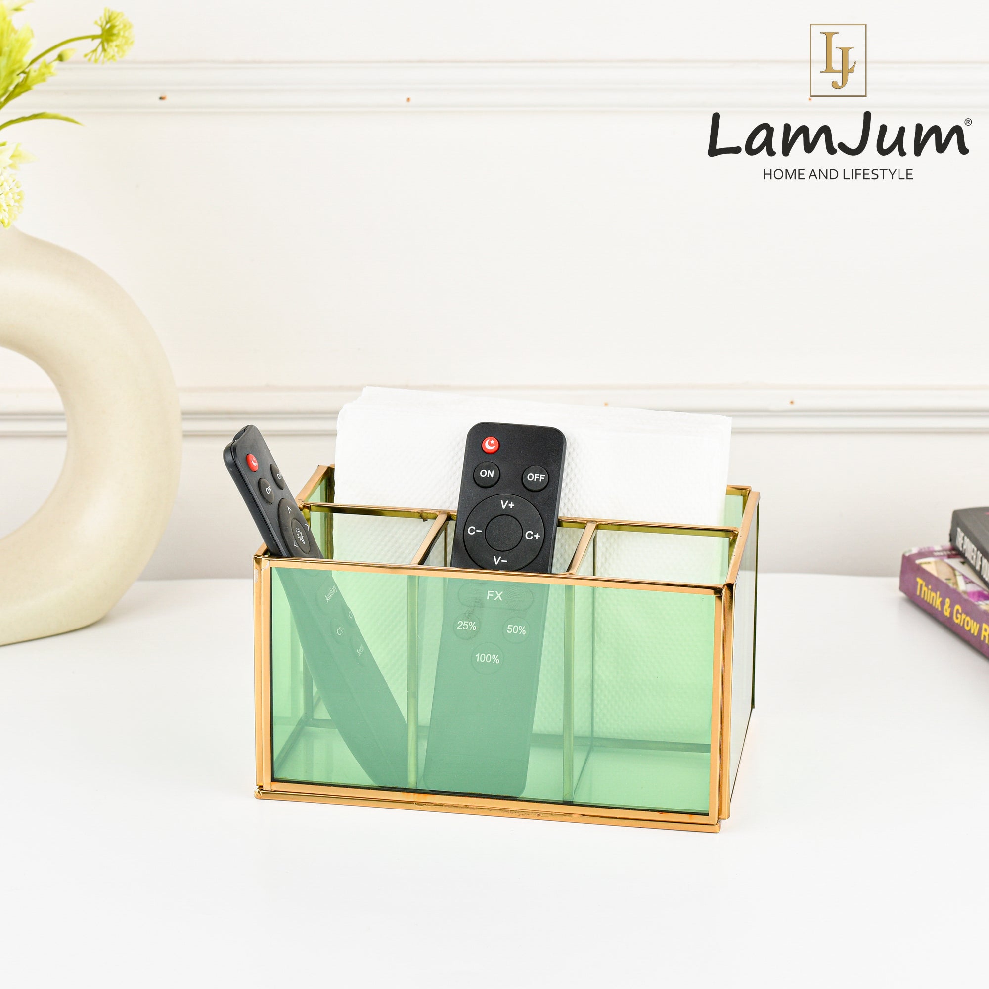 LamJum Multi Compartment Green Glass Organiser and Tissue Holder with Gold Rim.