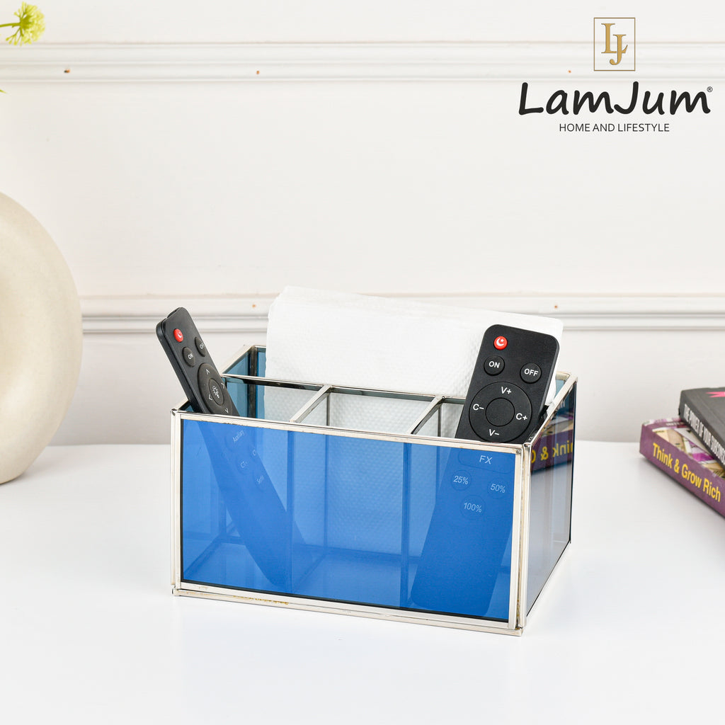 LamJum Multi Compartment Blue Glass Organiser and Tissue Holder with Silver Rim.