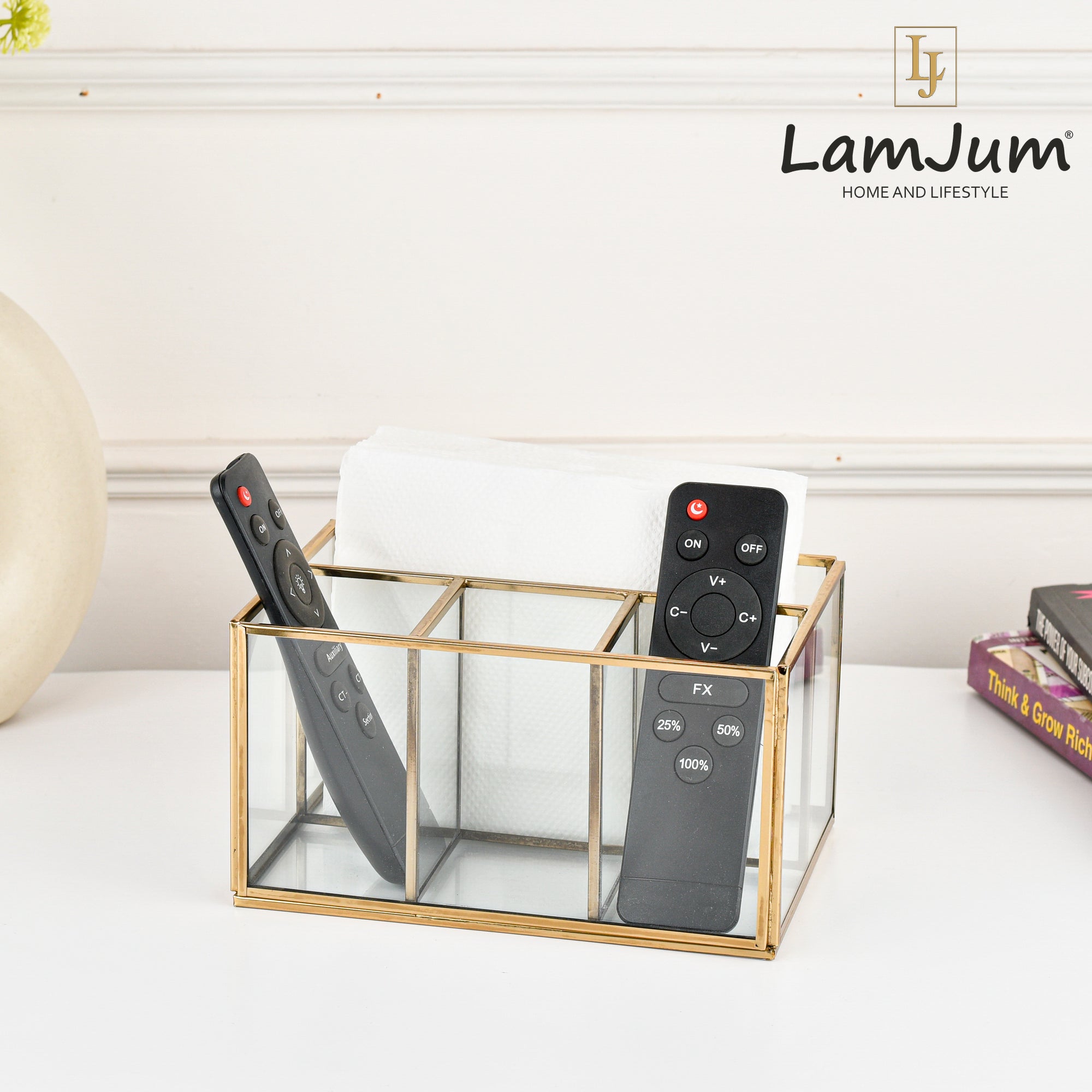 LamJum Multi Compartment Clear Glass Organiser and Tissue Holder with Gold Rim.