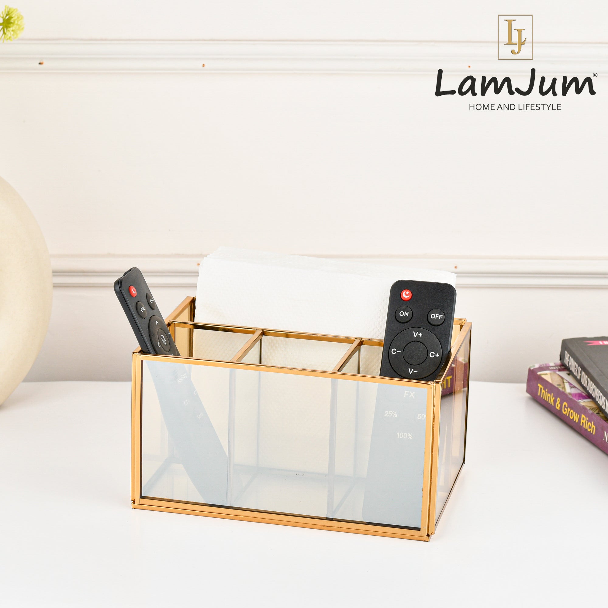 LamJum Multi Compartment Gold Glass Organiser and Tissue Holder with Gold Rim.