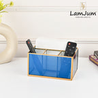 LamJum Multi Compartment Blue Glass Organiser and Tissue Holder with Gold Rim.