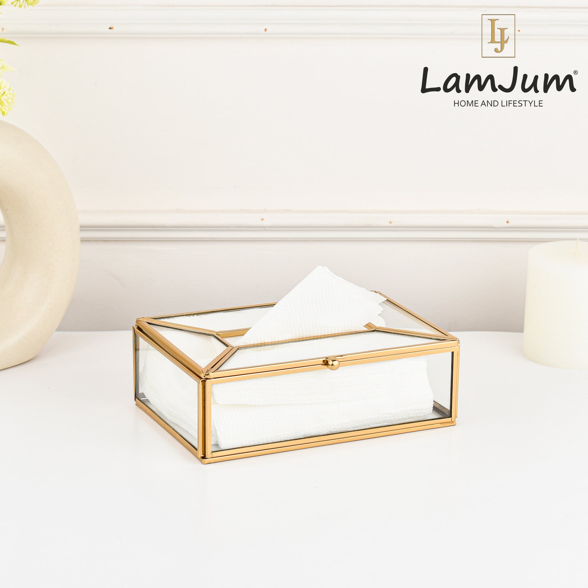 LamJum Decorative Clear Glass Tissue Box with Gold Rim