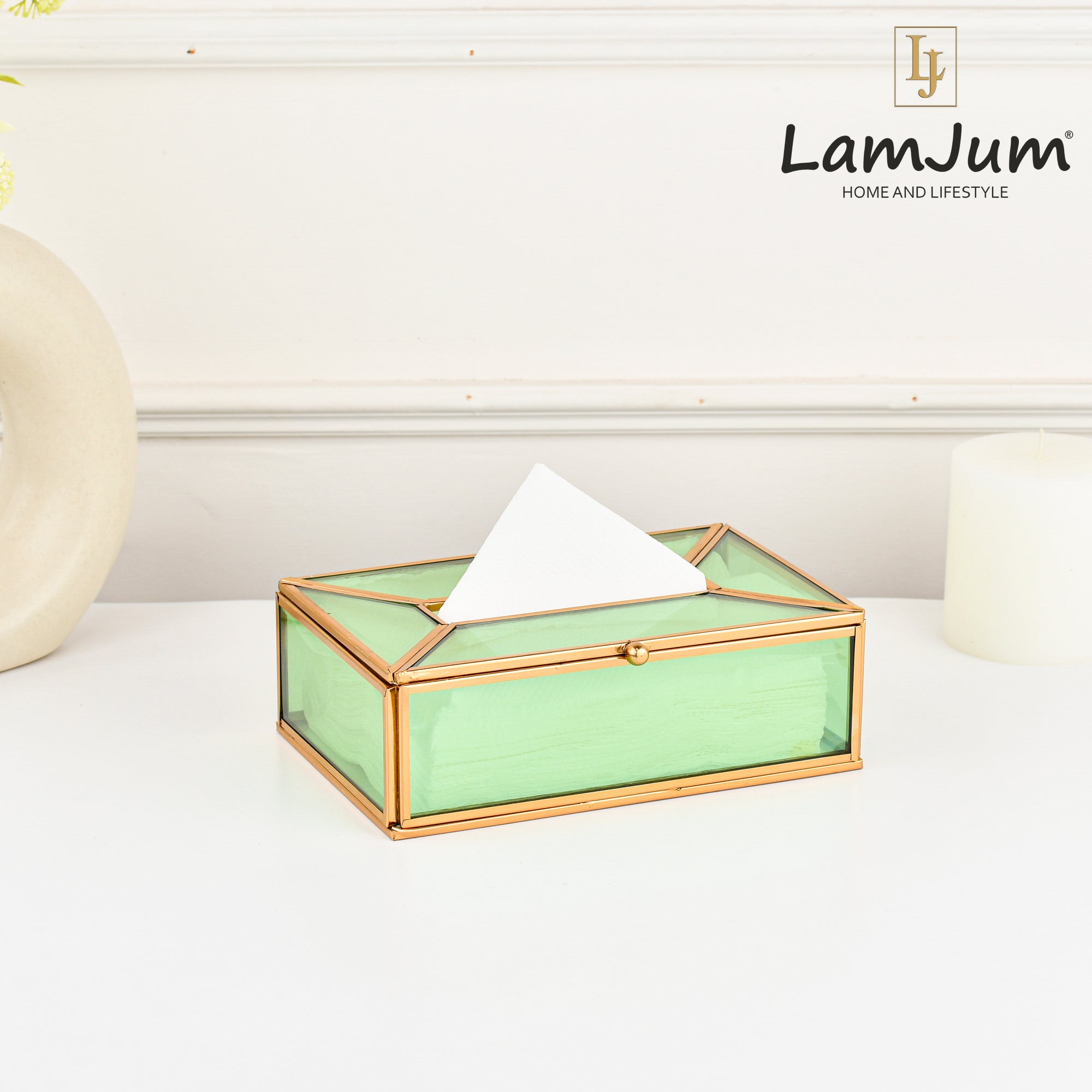 LamJum Decorative Green Glass Tissue Box with Gold Rim