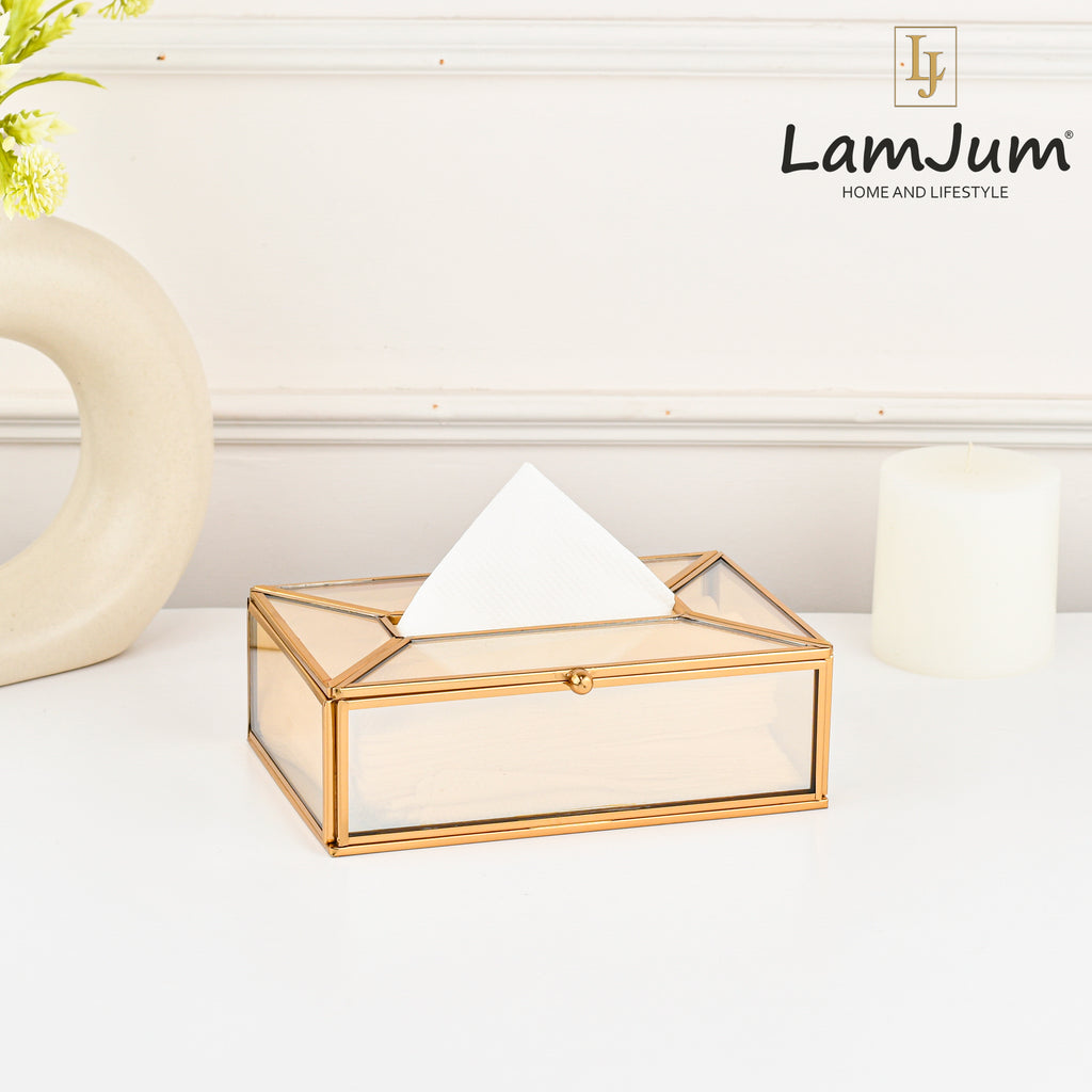LamJum Decorative Gold Glass Tissue Box with Gold Rim