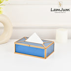 LamJum Decorative Blue Glass Tissue Box with Gold Rim