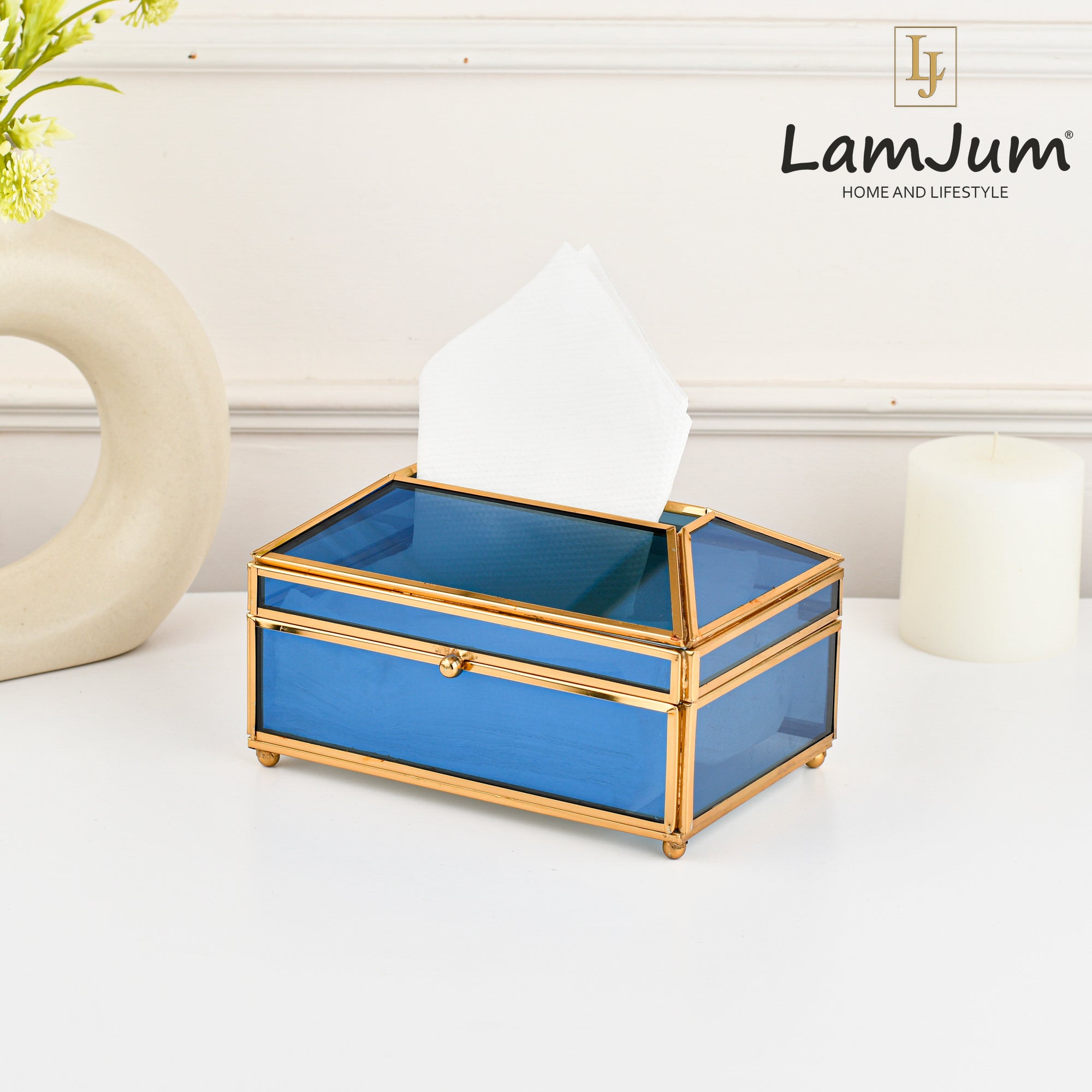 LamJum Decorative Blue Glass Tissue Box with Gold Rim