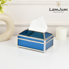 LamJum Decorative Blue Glass Tissue Box with Silver Rim