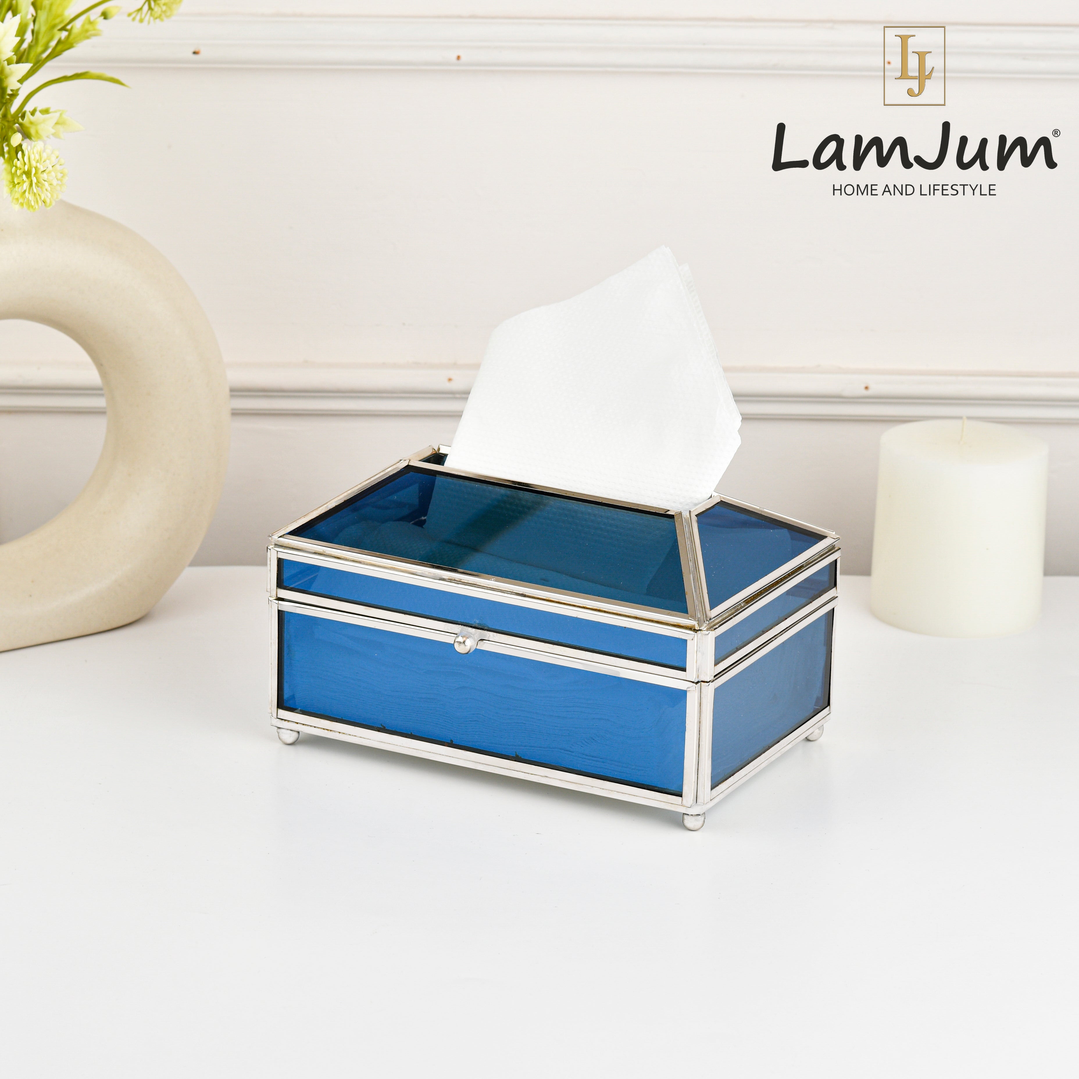 LamJum Decorative Blue Glass Tissue Box with Silver Rim
