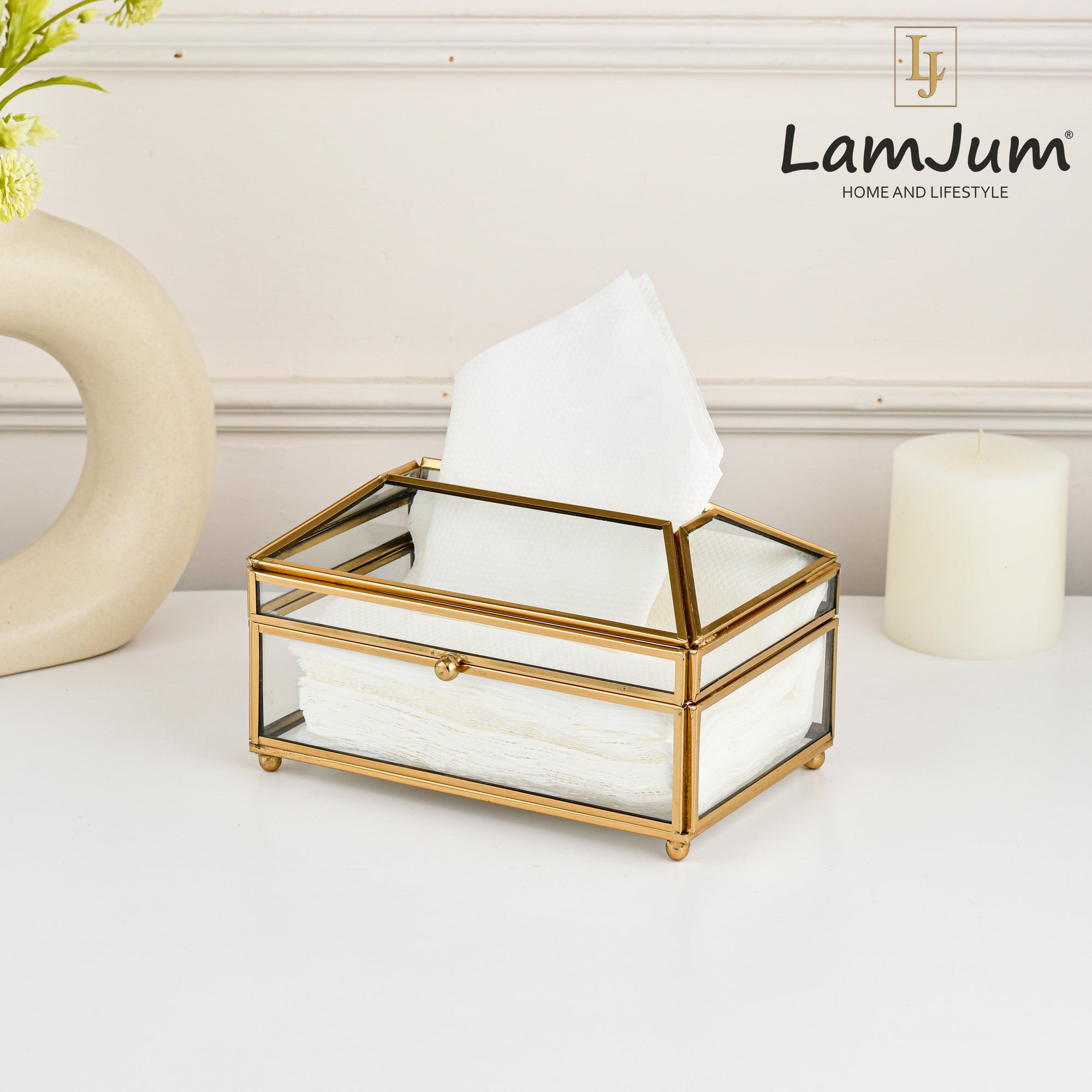 LamJum Decorative Clear Glass Tissue Box with Gold Rim