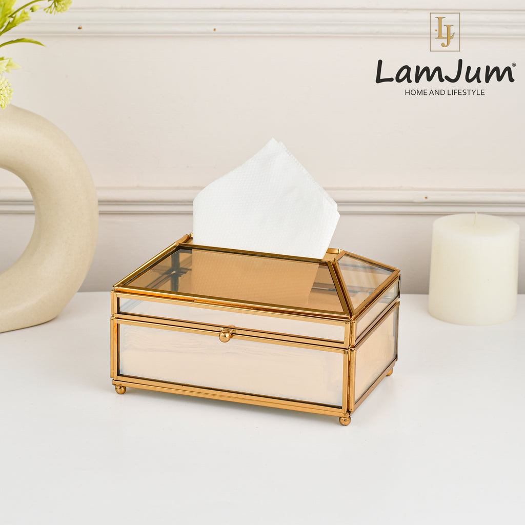 LamJum Decorative Gold Glass Tissue Box with Gold Rim