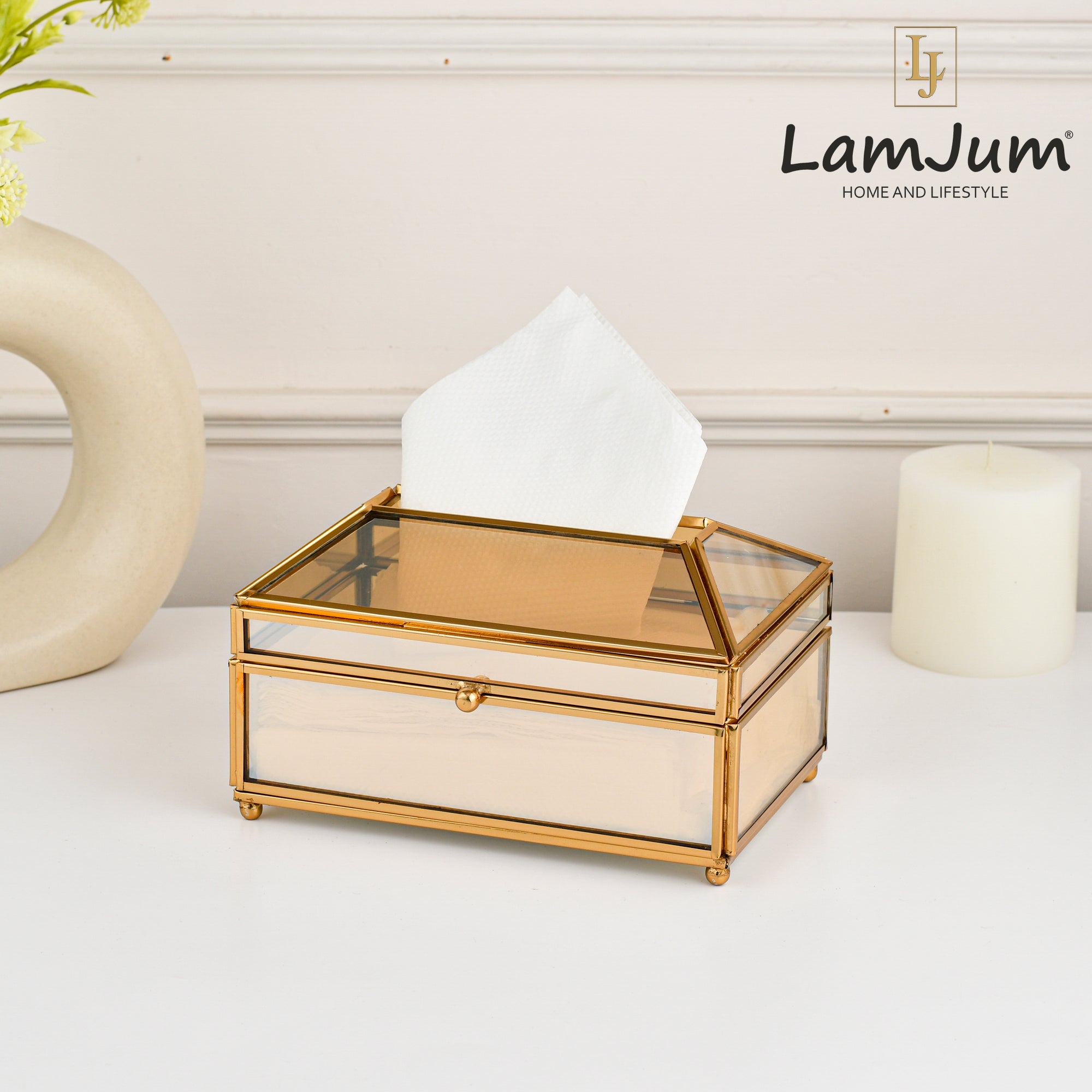 LamJum Decorative Gold Glass Tissue Box with Gold Rim