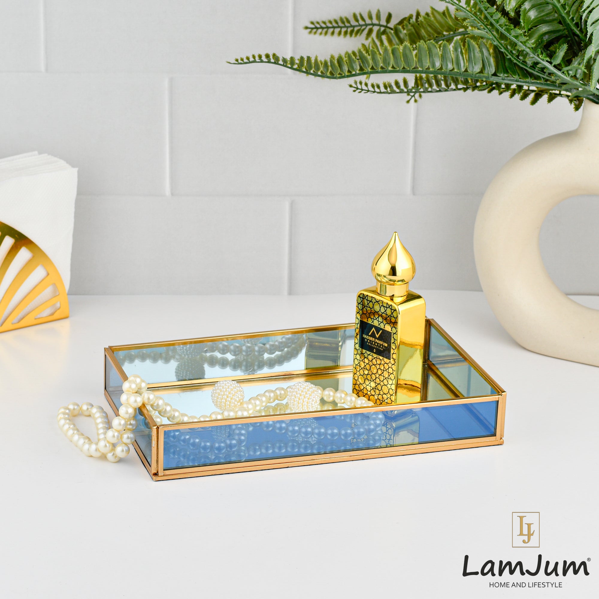 LamJum Decorative Blue Glass Tray with Gold Rim and Mirror Base