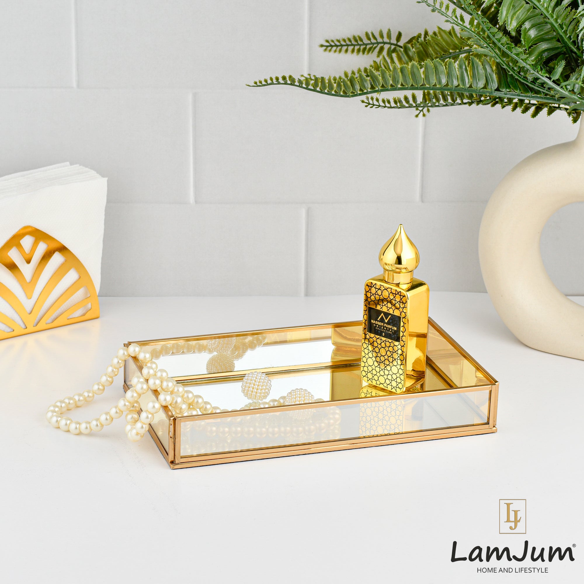 LamJum Decorative Gold Glass Tray with Gold Rim and Mirror Base