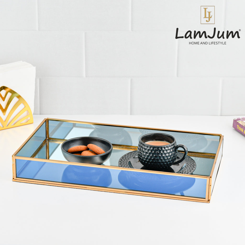 LamJum Decorative Blue Glass Tray with Gold Rim and Mirror Base