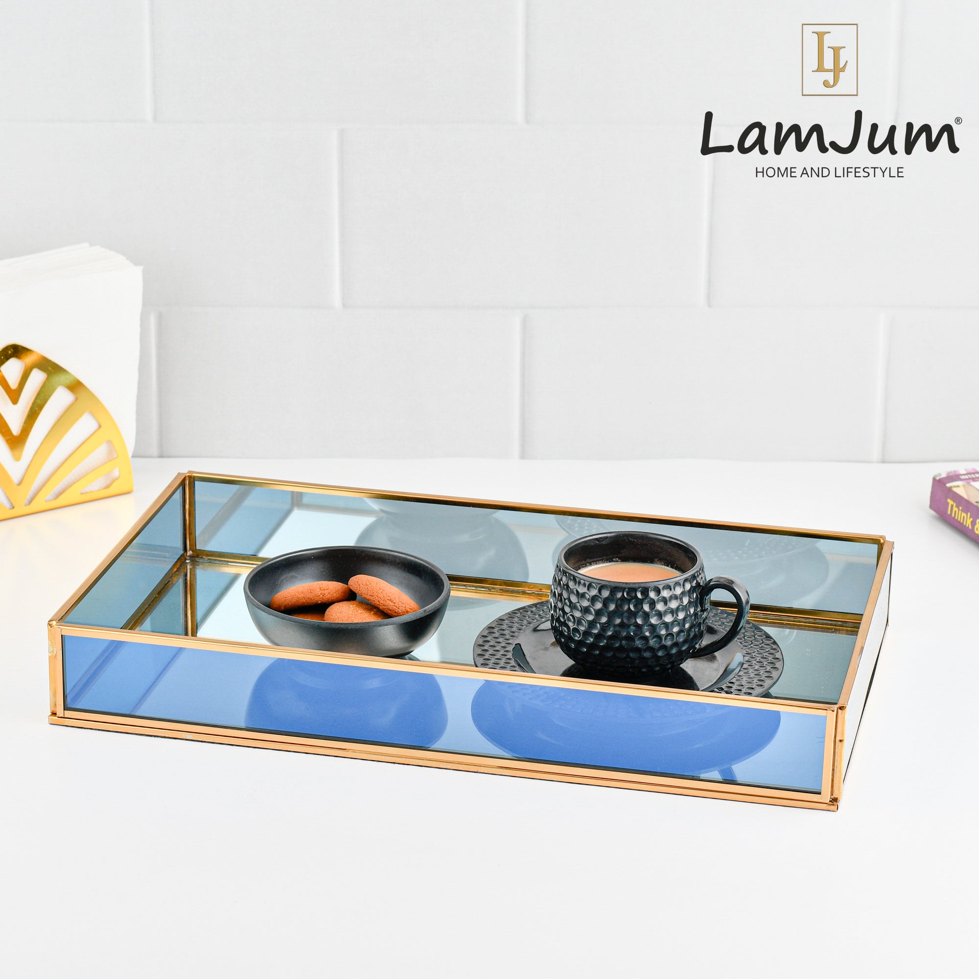 LamJum Decorative Blue Glass Tray with Gold Rim and Mirror Base