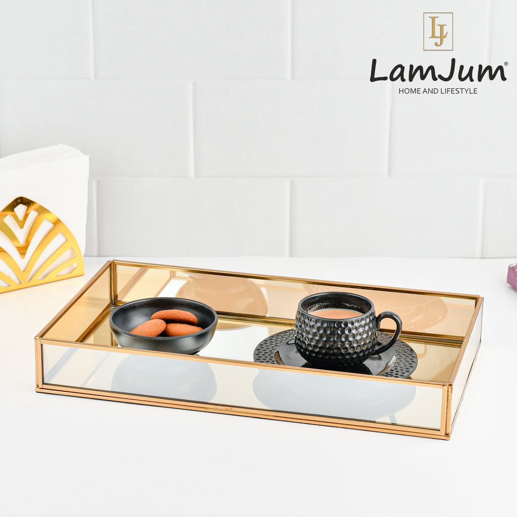 LamJum Decorative Gold Glass Tray with Gold Rim and Mirror Base
